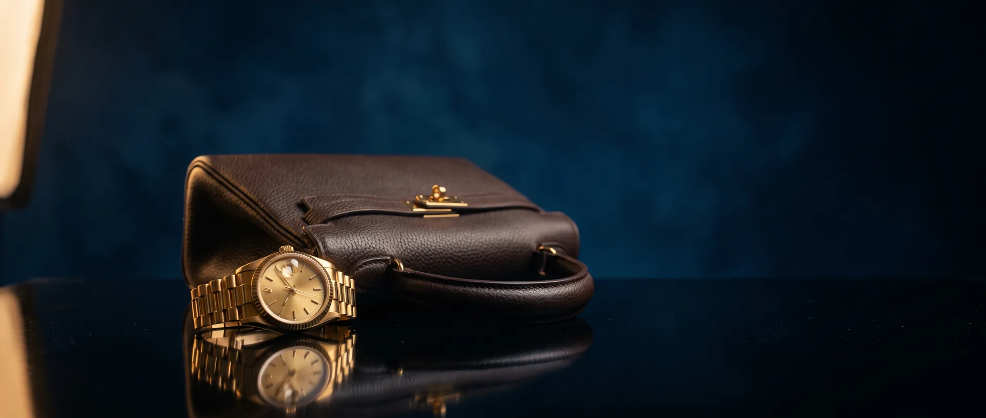 Orologio dorato e borsa in pelle su superficie lucida scura con luce di contorno