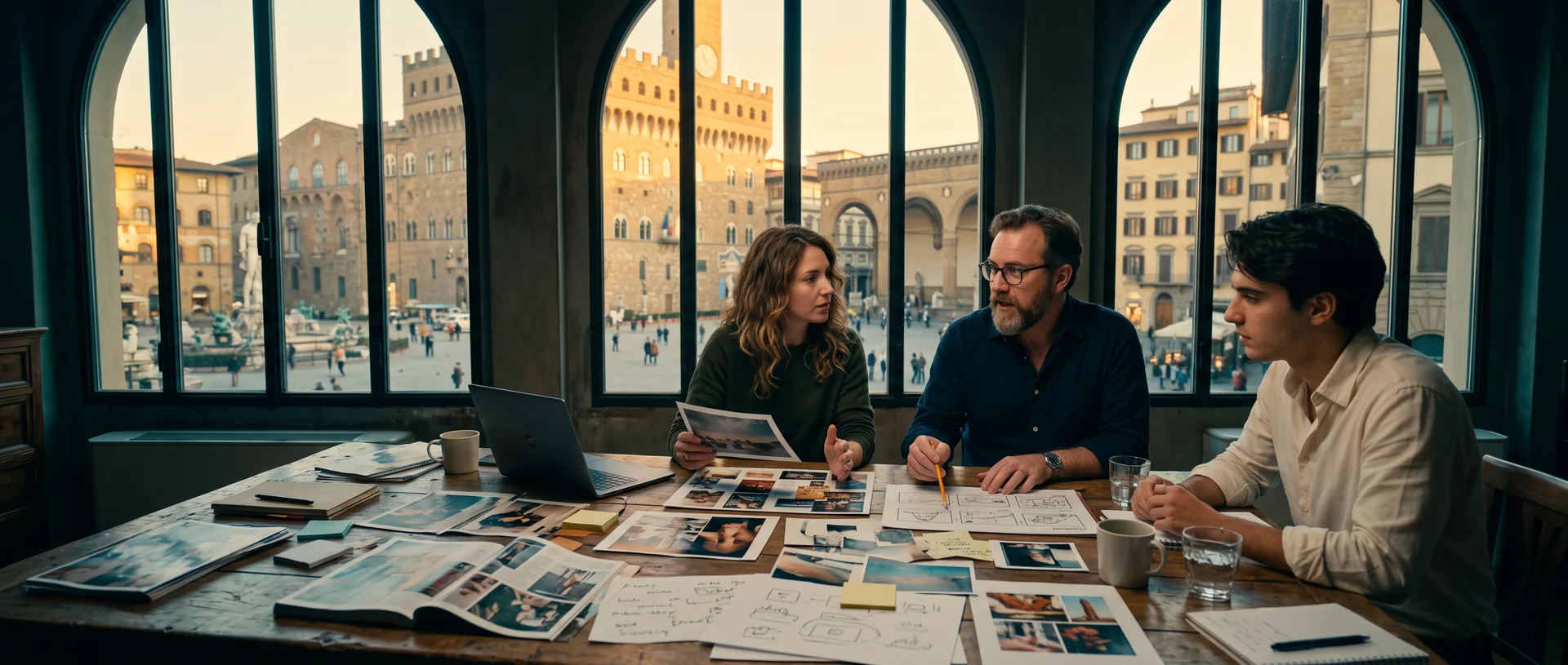 Tre professionisti discutono su un tavolo coperto di moodboard davanti a una piazza storica