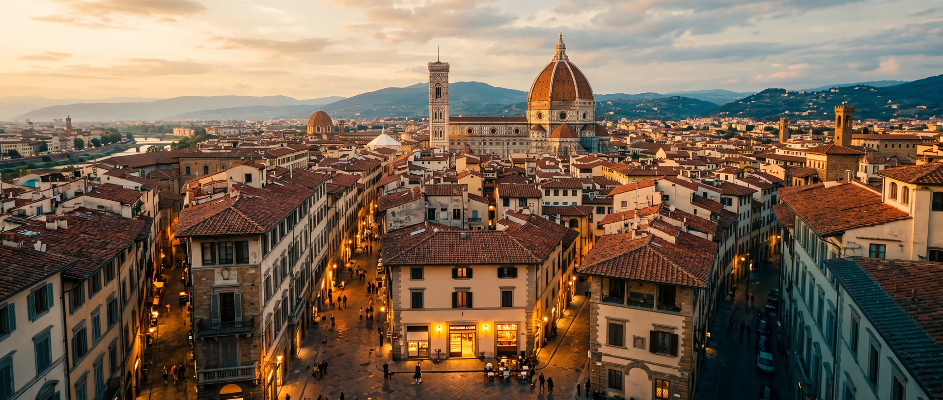 Veduta aerea di un centro storico italiano al tramonto con tetti in terracotta