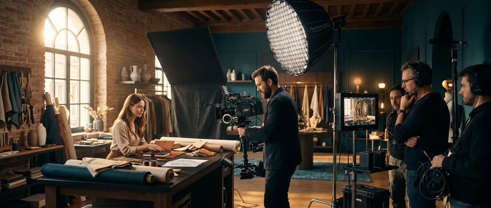 Troupe cinematografica sul set di un video aziendale in un atelier italiano
