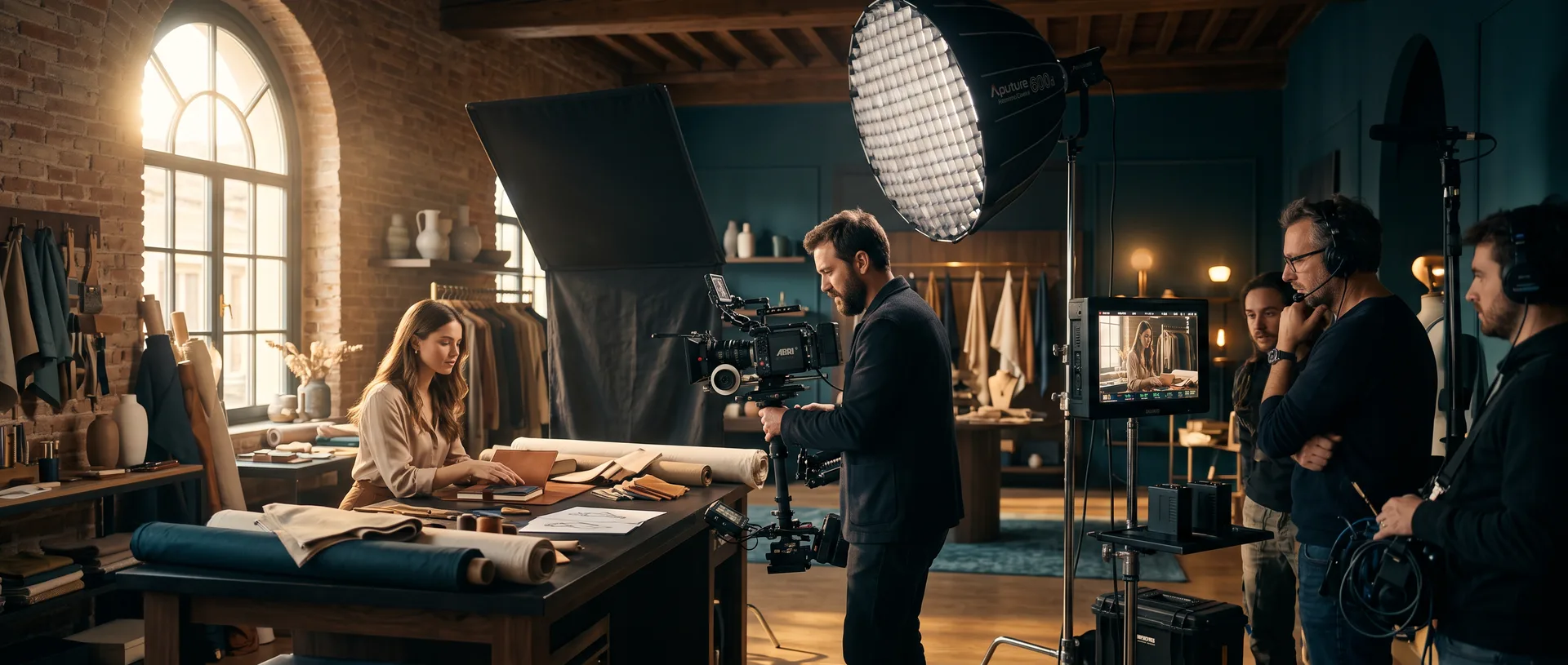 Troupe cinematografica sul set di un video aziendale in un atelier italiano