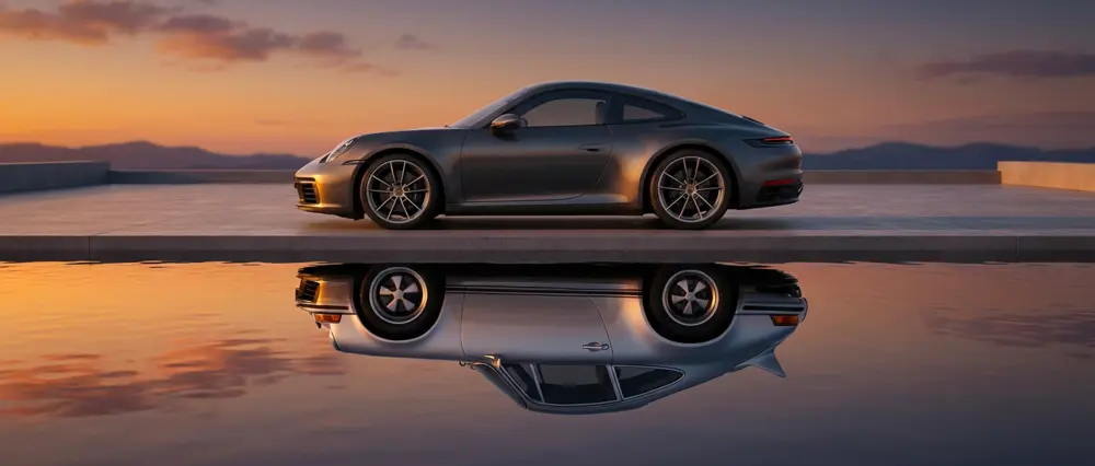Coupé sportiva al tramonto con il riflesso sull'acqua